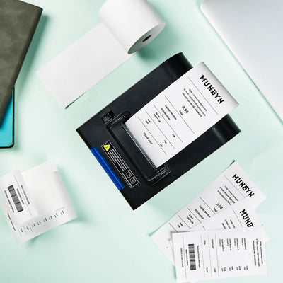 MUNBYN thermal receipt paper roll for point of sale printers, showing white paper roll ready for printing receipts.