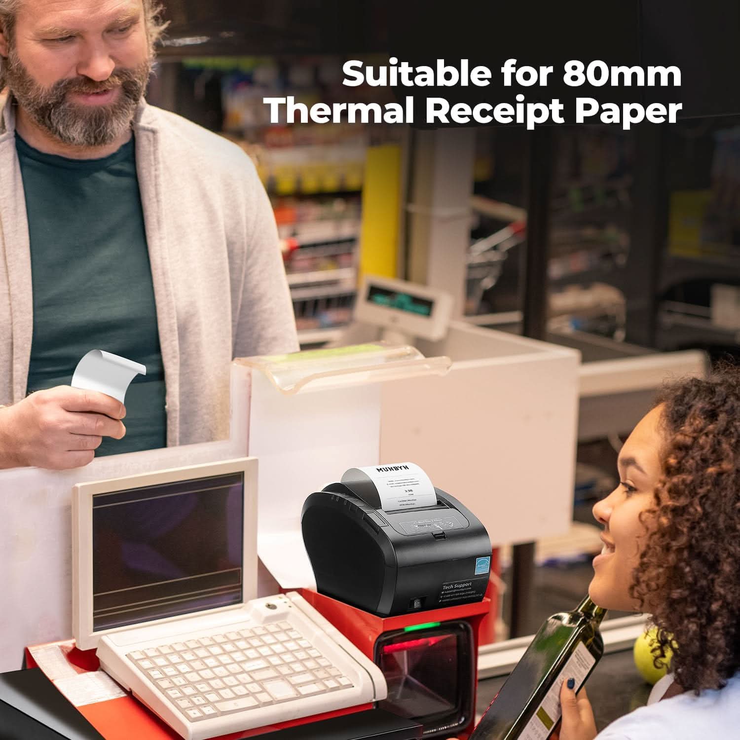 Thermal receipt paper roll by MUNBYN, showing a blank white paper roll used for printing receipts in retail or hospitality.