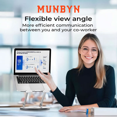 MUNBYN 360° rotating laptop stand with adjustable height, showing a sleek black design for ergonomic laptop use.