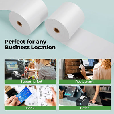 Thermal receipt paper roll from MUNBYN showing white paper with printed receipts, used for point-of-sale and receipt printing.