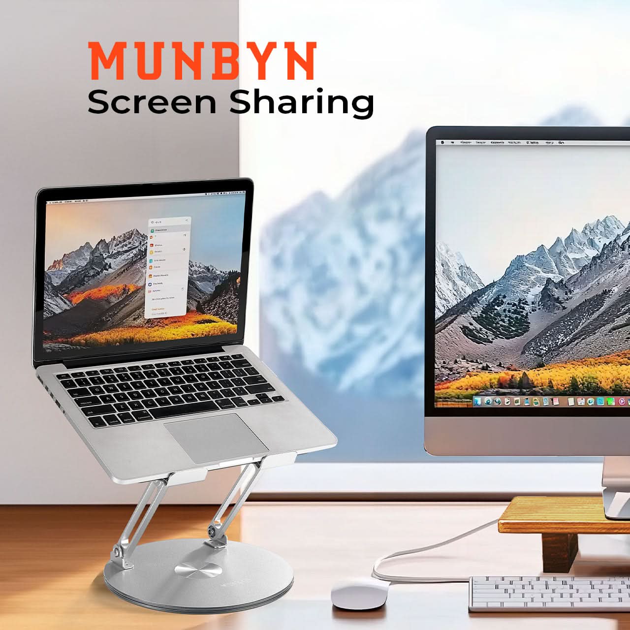 MUNBYN 360° rotating laptop stand on a desk, adjustable height and angle for ergonomic workspace setup.