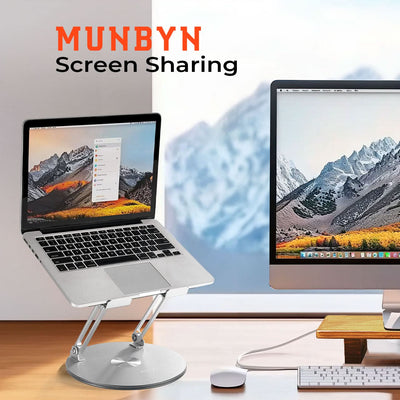 MUNBYN 360° rotating laptop stand on a desk, adjustable height and angle for ergonomic workspace setup.