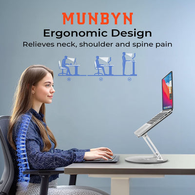 MUNBYN 360° rotating laptop stand for lifestyle electronics, showing adjustable height and sturdy design in a workspace setting.