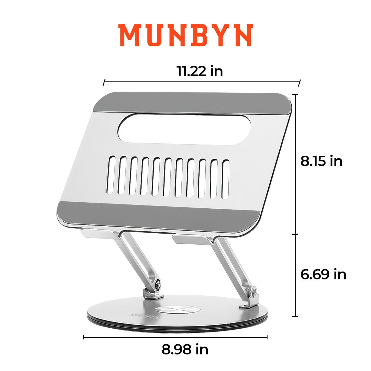 MUNBYN 360° rotating laptop stand with adjustable height, ideal for ergonomic workspace setup and laptop support.