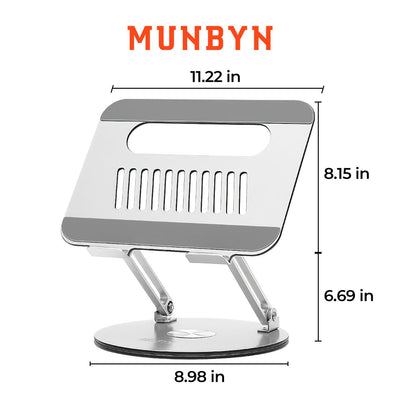 MUNBYN 360° rotating laptop stand with adjustable height, ideal for ergonomic workspace setup and laptop support.