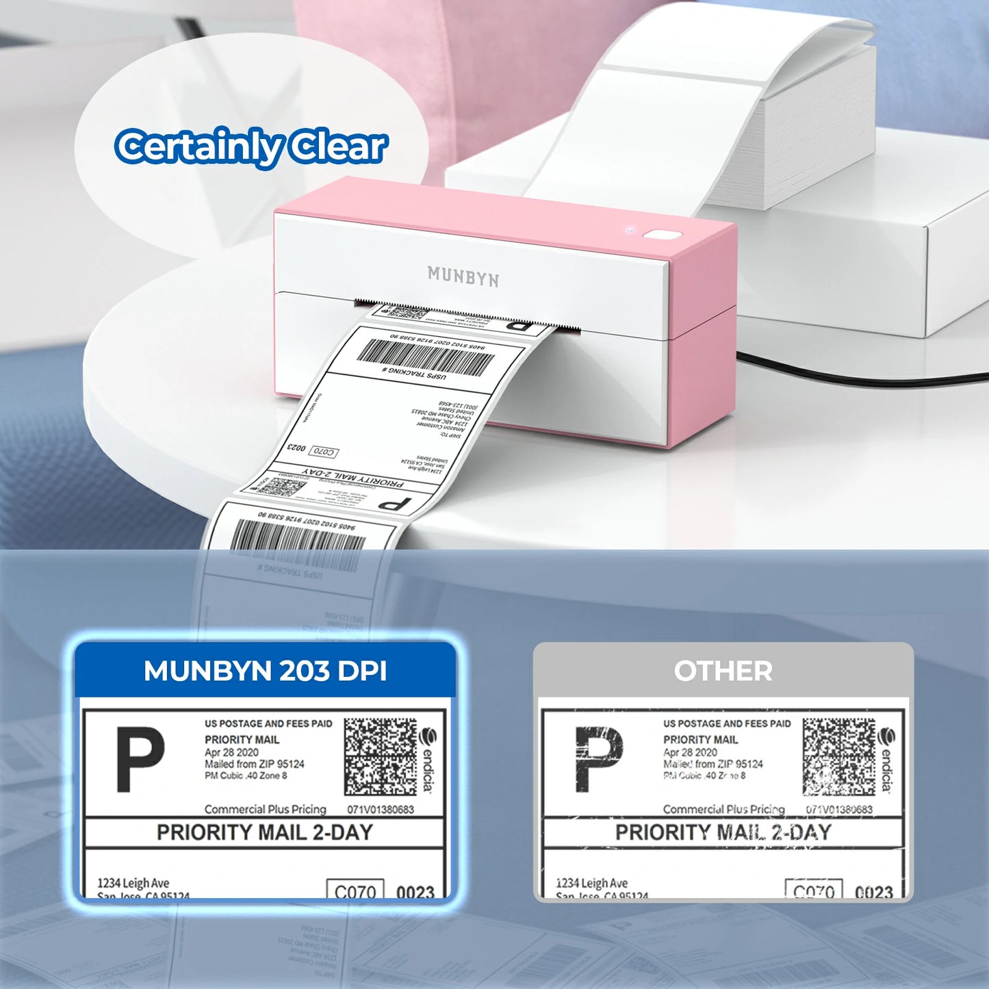 MUNBYN P129S WiFi thermal printer has been engineered to deliver sharp, clear text and barcodes.