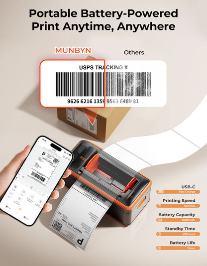 Portable battery-powered printer with smartphone and barcode label