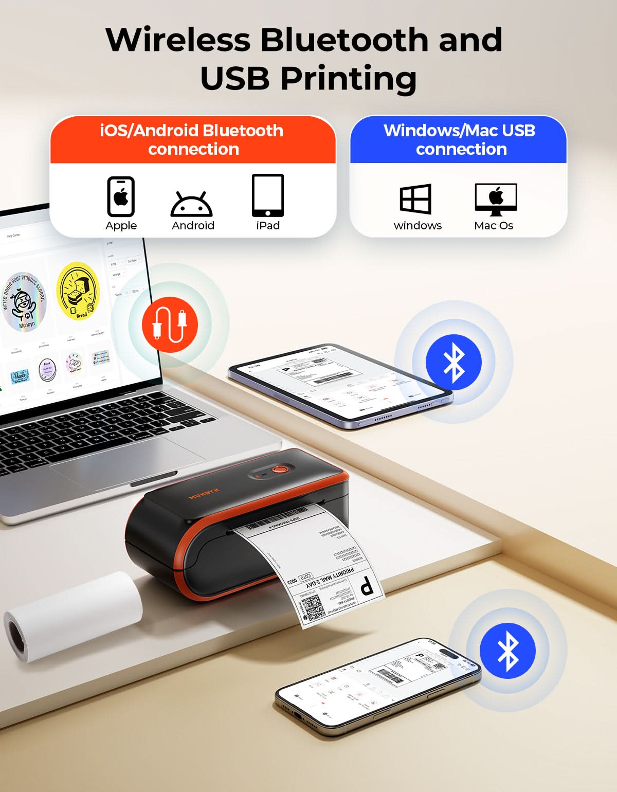 MUNBYN Battery-operated Label Printer Supporting Wireless Bluetooth and USB printing