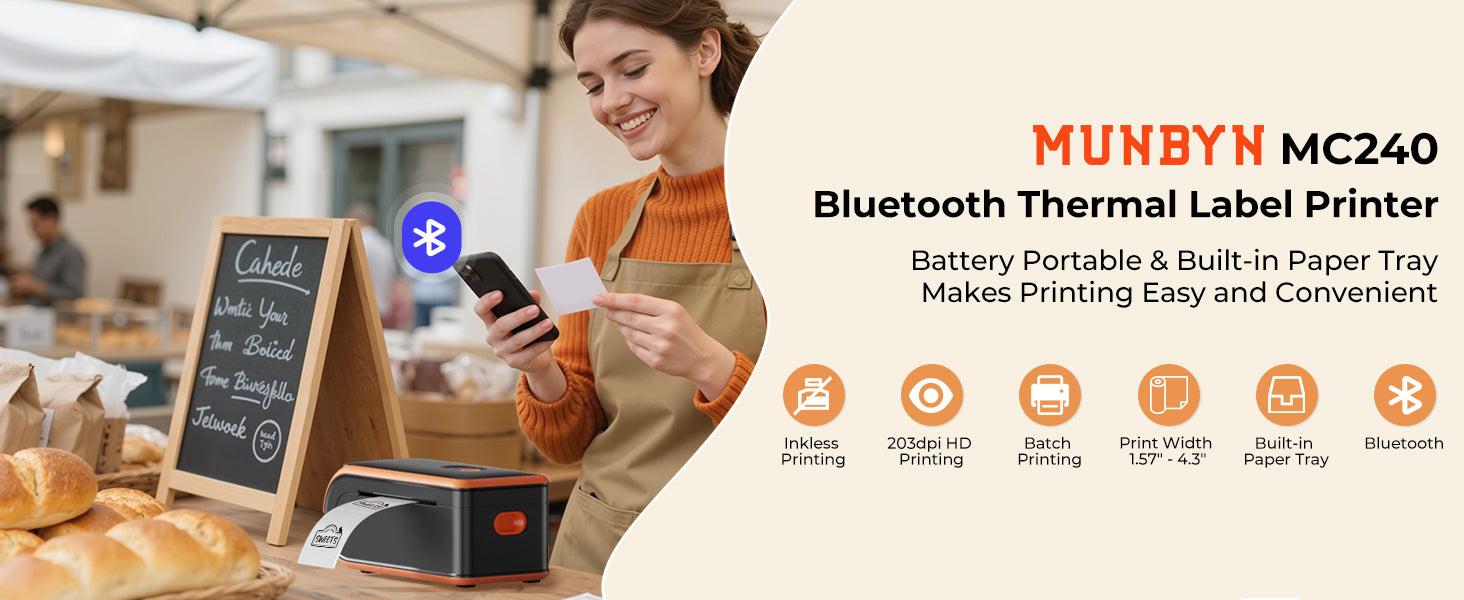 Woman using a smartphone with a MUNBYN MC240 Bluetooth thermal label printer