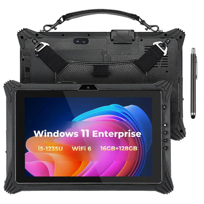 MUNBYN rugged industrial tablet with a black case, equipped with a stylus, displaying Windows 11 Enterprise on the screen, highlighting its specifications like i5-1235U processor, 16GB RAM, and WiFi 6 connectivity.