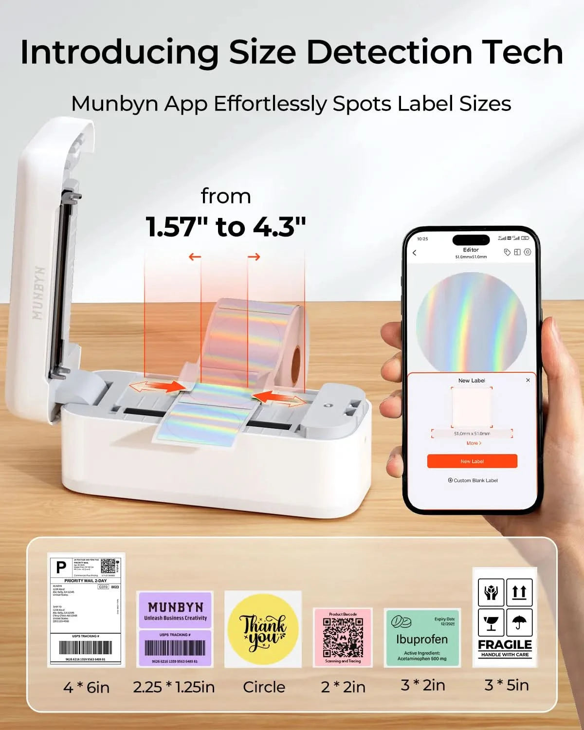 MUNBYN 402B Bluetooth Label Printer supporting various label sizes
