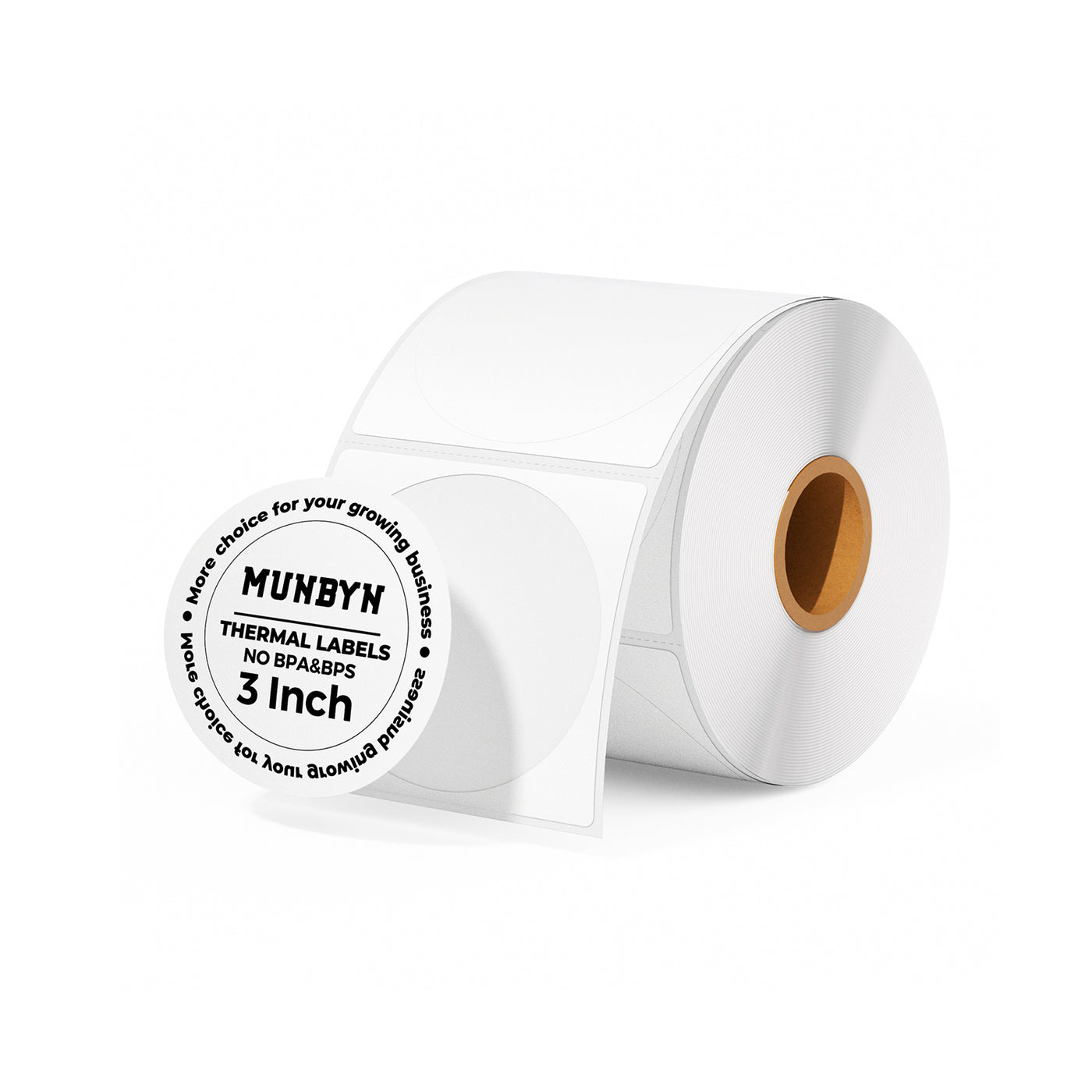 White 3-inch circle labels on label printer paper from MUNBYN, arranged in a sheet for easy printing and labeling.