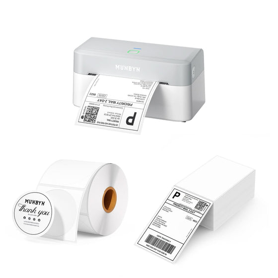 MUNBYN RealWriter 403B thermal label printer kit with power adapter and cables, ready for shipping and label printing tasks.