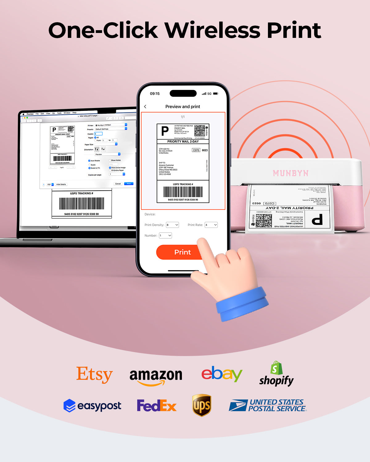 MUNBYN RealWriter 403B thermal label printer printing labels with a compact design and connected to a computer.