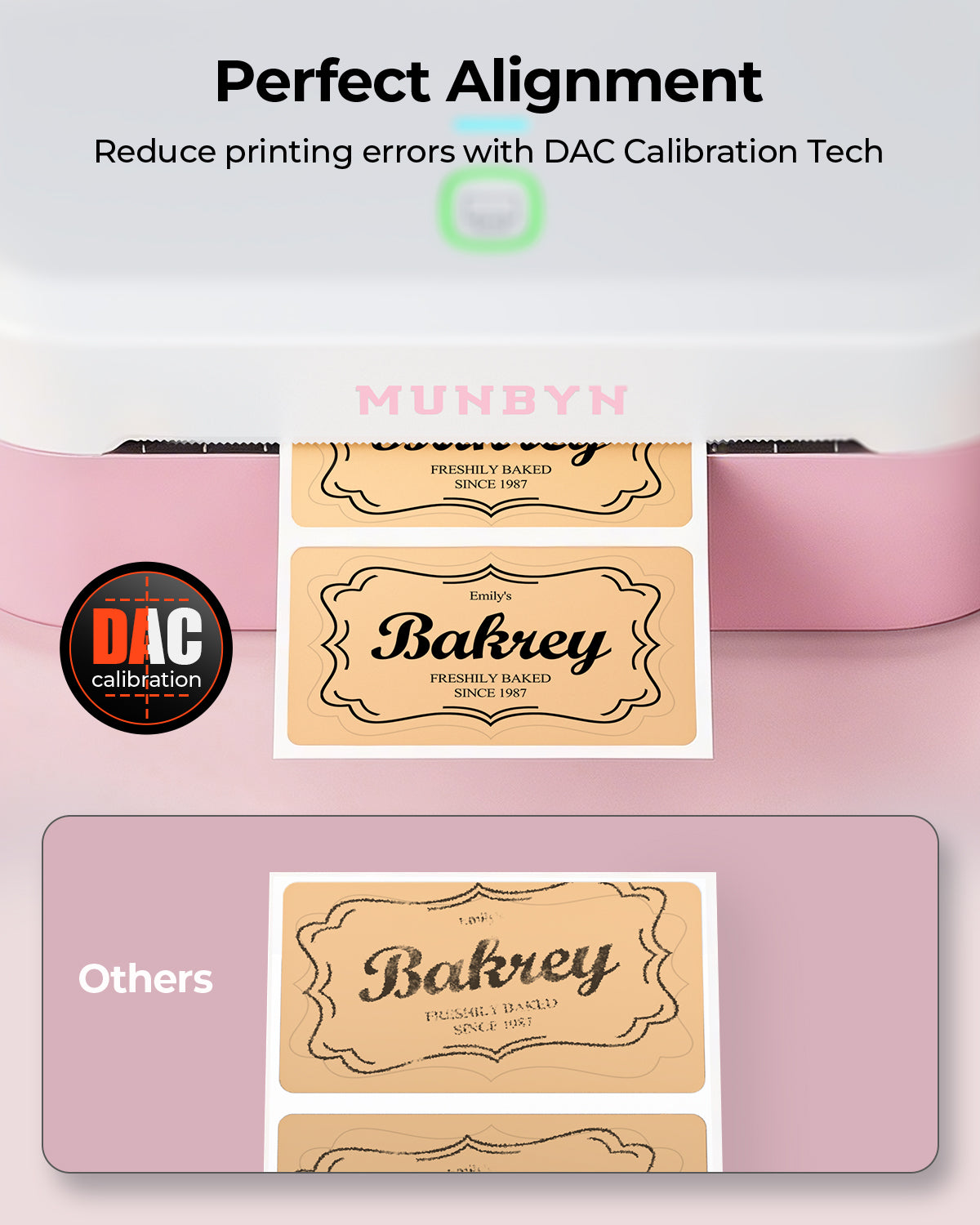 MUNBYN RealWriter 403B thermal label printer with pink design, compact device for printing shipping and barcode labels.