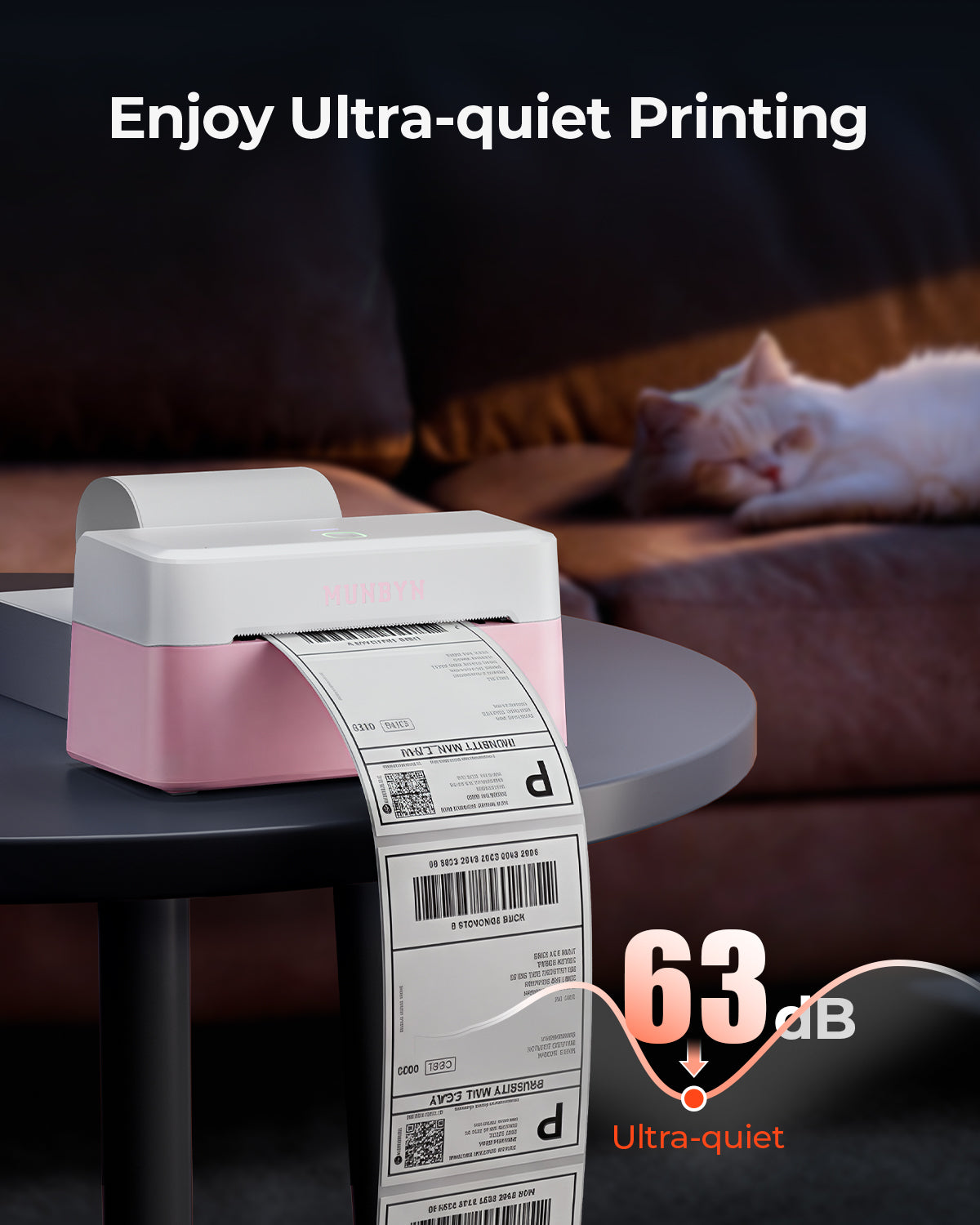 MUNBYN RealWriter 403B thermal label printer with pink exterior, compact design, and paper feed tray for printing shipping labels.