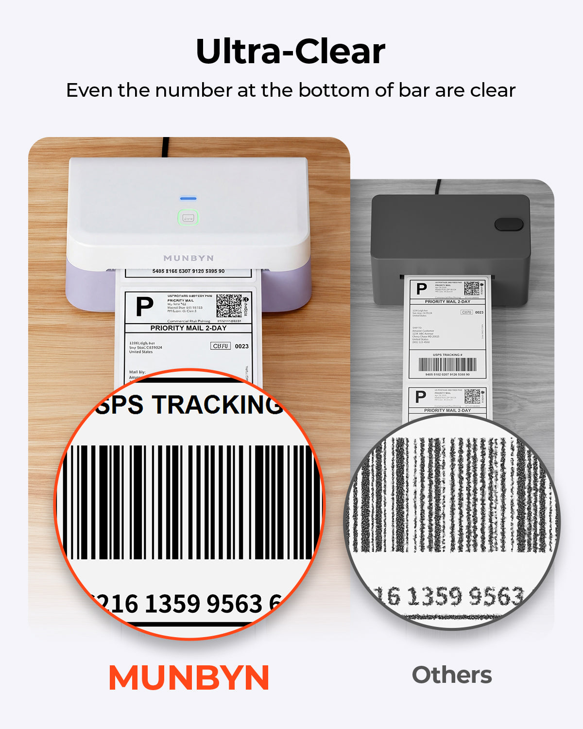 MUNBYN RealWriter 403B thermal label printer printing labels, compact design with thermal printing technology.