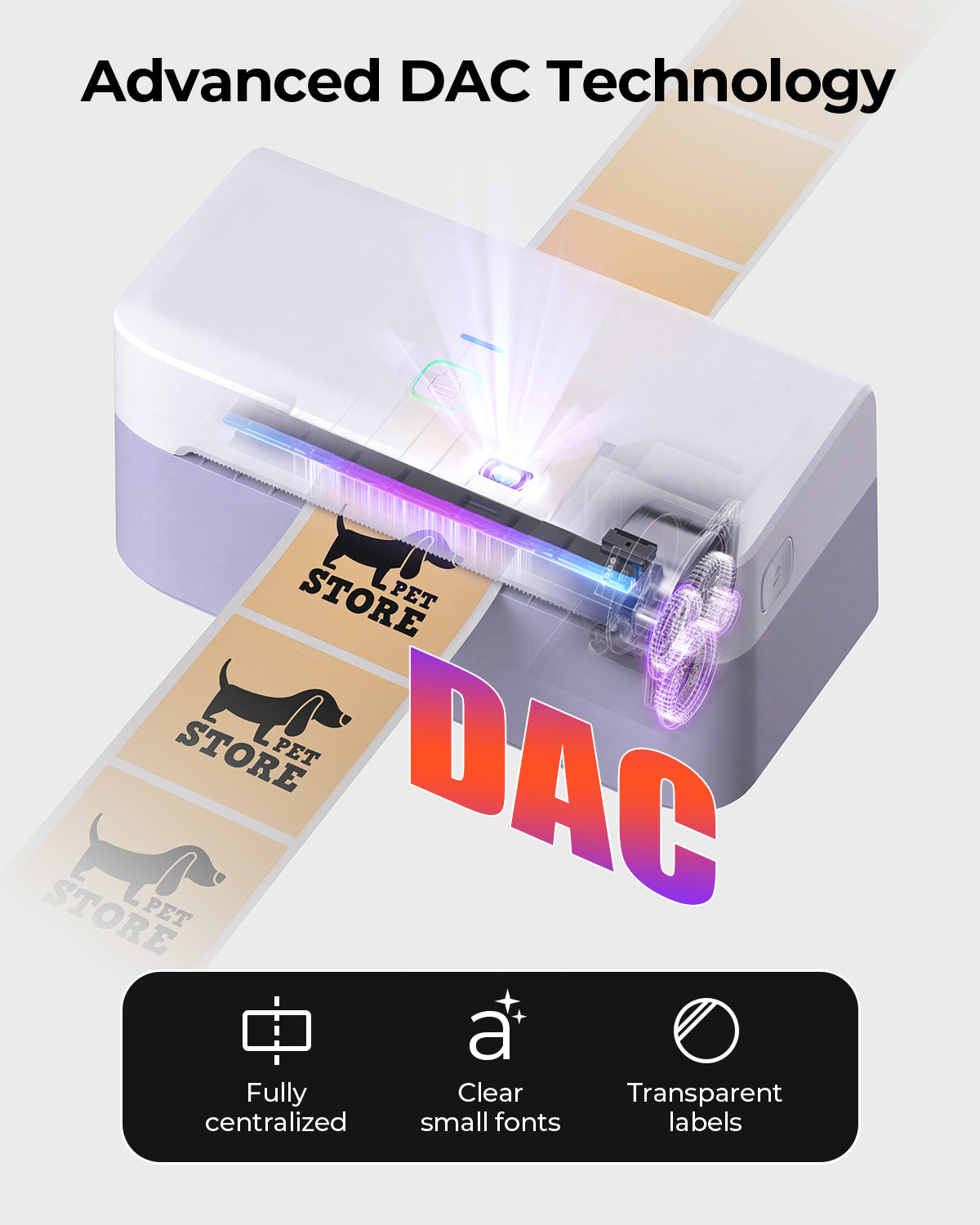 MUNBYN RealWriter 403B thermal label printer printing labels, compact design, connected to a computer for efficient label printing.