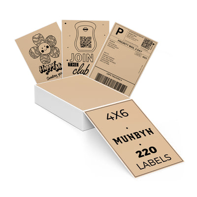 A sheet of 4x6 inch fan-fold labels for label printer paper by MUNBYN, showing multiple white adhesive labels stacked in fan-fold format.