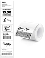 Rectangle label printer paper by MUNBYN, 1.97 x 1.18 inches, shown in a close-up image with multiple sheets stacked.