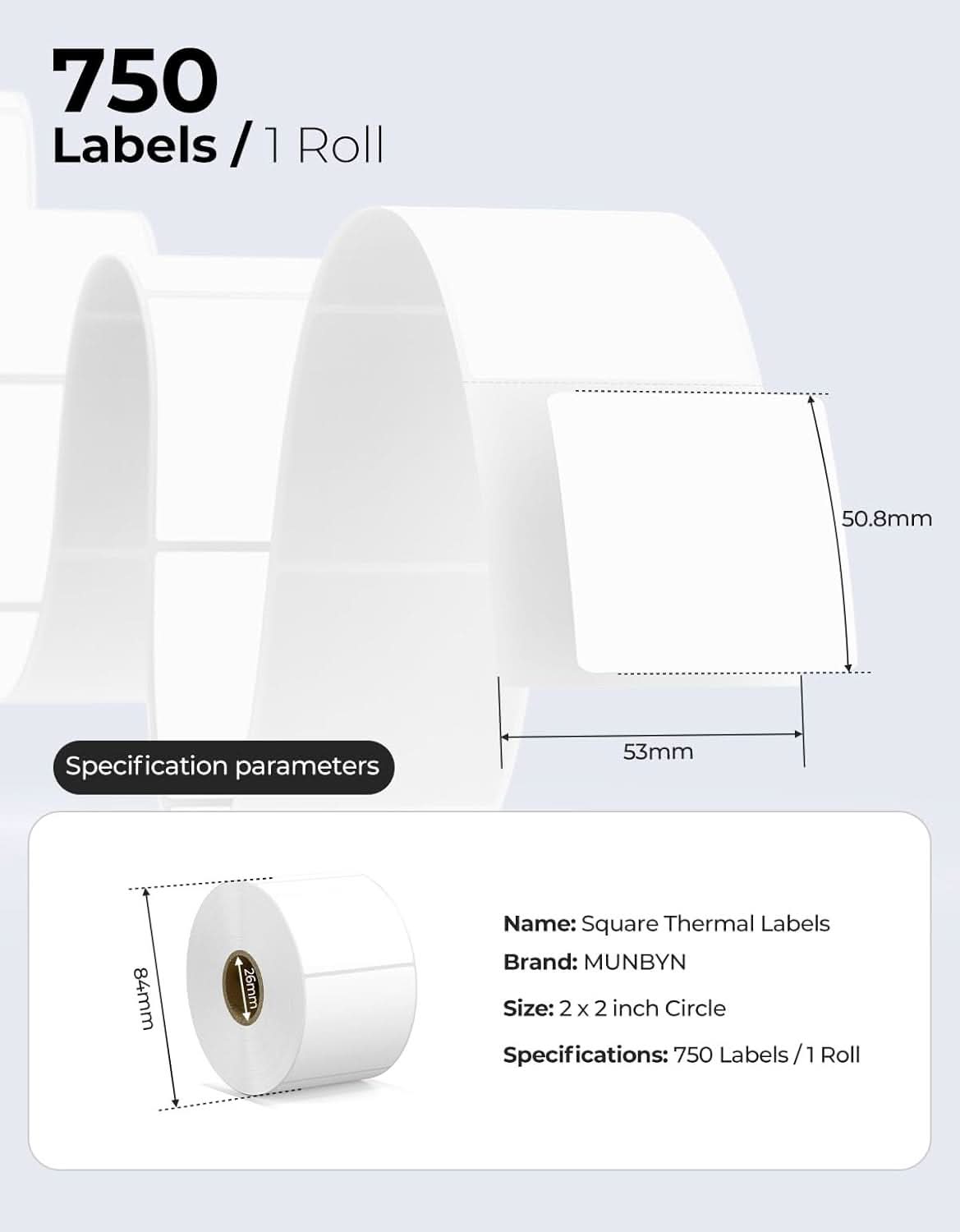 MUNBYN 2"x2" Square Thermal Labels (750/Roll)