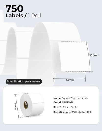 MUNBYN 2"x2" Square Thermal Labels (750/Roll)