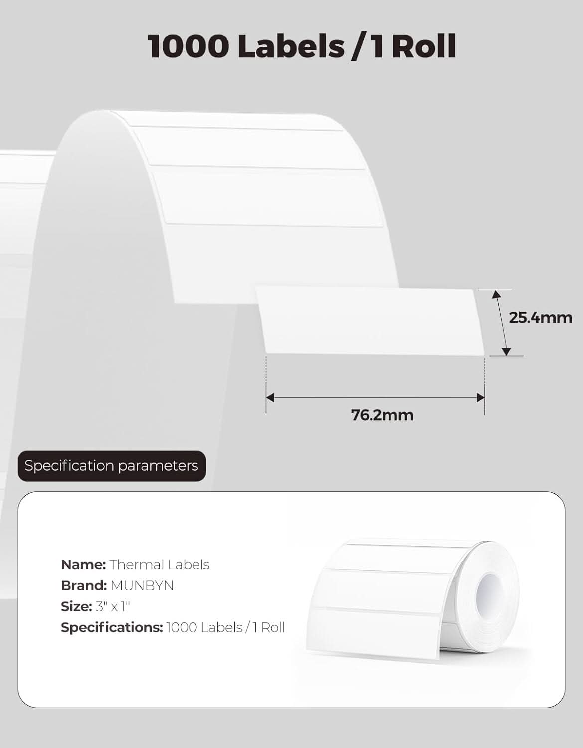 Munbyn 3"x1" Generic Rectangle Series Thermal Labels (1000/Roll)