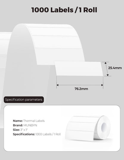 Munbyn 3"x1" Generic Rectangle Series Thermal Labels (1000/Roll)