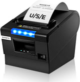 MUNBYN P068 receipt printer with compact design, black color, and paper roll loaded for receipt printing.
