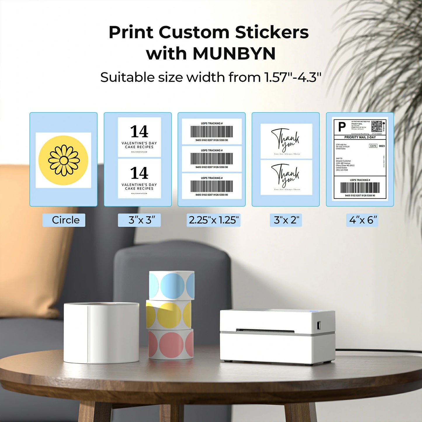 MUNBYN P130 shipping label printer supports a wide variety of thermal label sizes, including the popular 4x6 shipping labels, suitable for all your packaging needs.