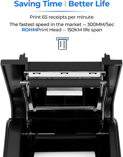MUNBYN P068 receipt printer with paper roll, compact black design, suitable for retail and hospitality environments