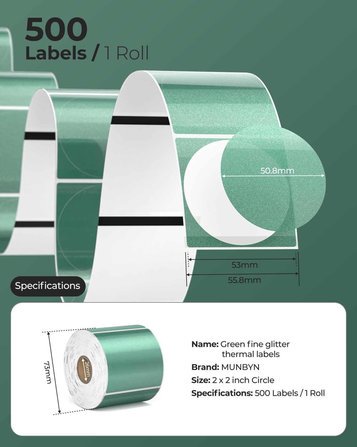 MUNBYN 2" Glitter Series Round Thermal Labels (500/Roll)