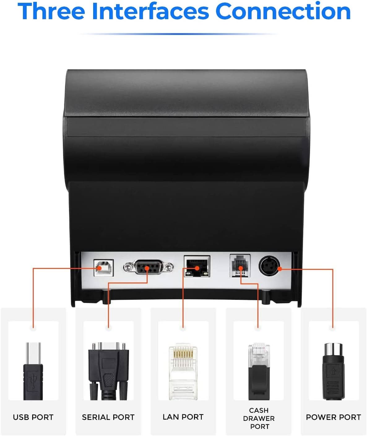 MUNBYN P068 receipt printer with paper roll, compact design, and control panel for quick printing of receipts and tickets.