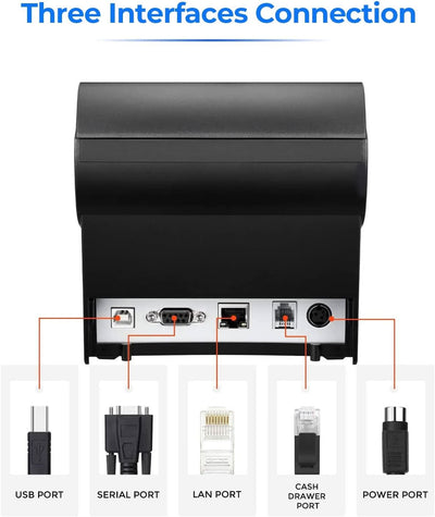 MUNBYN P068 receipt printer with paper roll, compact design, and control panel for quick printing of receipts and tickets.