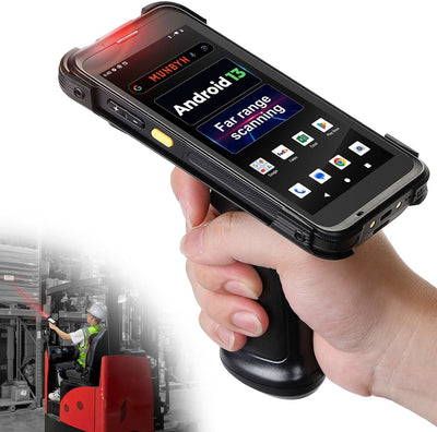 MUNBYN IPDA101P-LR Android barcode scanner with ergonomic design and scanning window, shown in a close-up image.