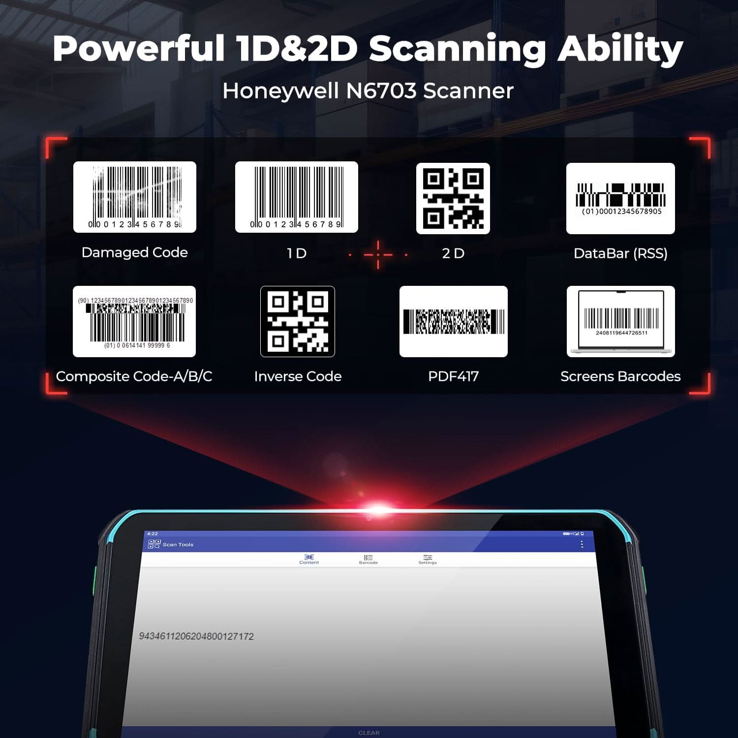 MUNBYN ILT01P Windows scanner tablet with 6-inch screen and 128GB storage, showing the device's front view with display and scanning features.