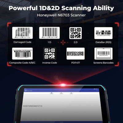 MUNBYN ILT01P Windows scanner tablet with 6-inch screen and 128GB storage, showing the device's front view with display and scanning features.