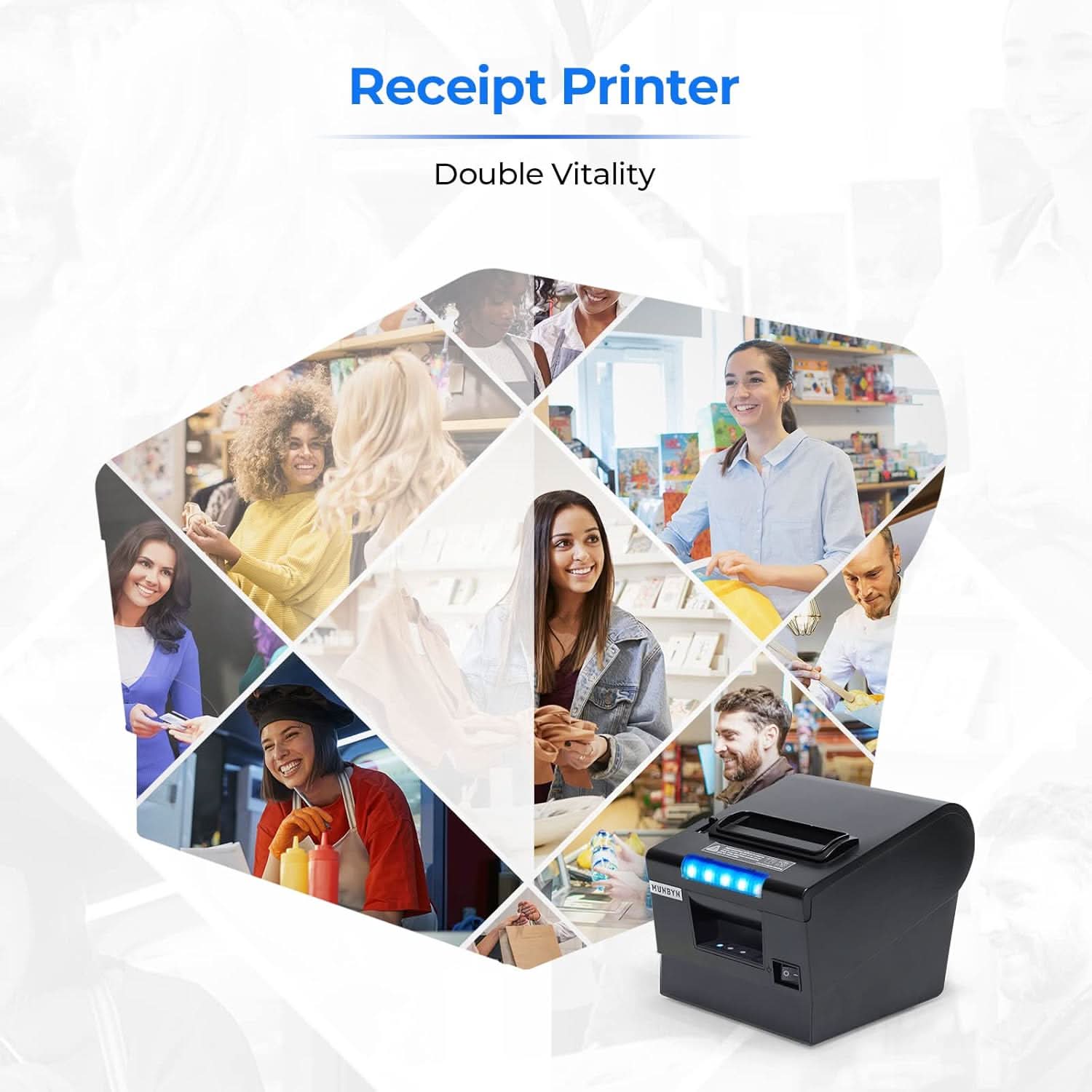 MUNBYN P068 receipt printer with paper roll, compact black design, ready for printing receipts in retail or hospitality settings.