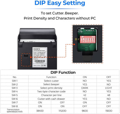 MUNBYN P068 receipt printer with paper roll and control panel, compact black device for printing receipts.
