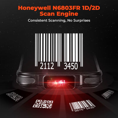 MUNBYN IPDA101P-LR Android barcode scanner with ergonomic design and scanning window, used for efficient inventory management.