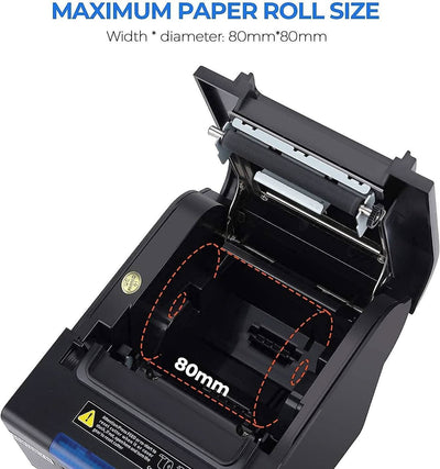 MUNBYN P068 receipt printer with paper roll, compact design, and black finish, ready for retail or hospitality use.