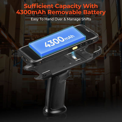 MUNBYN IPDA101P-LR Android barcode scanner with ergonomic grip and scanning window, designed for retail and inventory management.