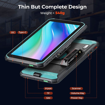 MUNBYN ILT01P Windows scanner tablet with 6-inch screen and 128GB storage, showing a close-up of the device's display and ports.
