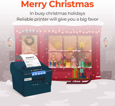 MUNBYN P068 receipt printer with compact design and paper roll, ready for retail and hospitality printing needs.