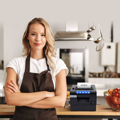 MUNBYN P068 receipt printer with compact design and paper roll, ideal for retail and hospitality point-of-sale transactions.