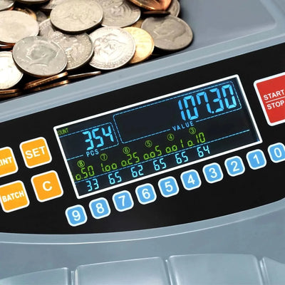 MUNBYN IMC10 money counter machine counting stacks of bills in a professional setting