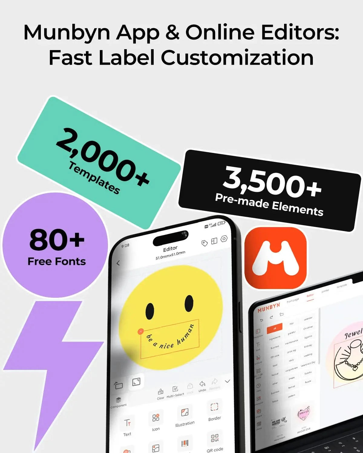 MUNBYN APP & Online Editors with 2000+ templates
