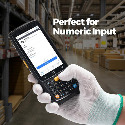 Hand holding a handheld barcode device  in a warehouse setting