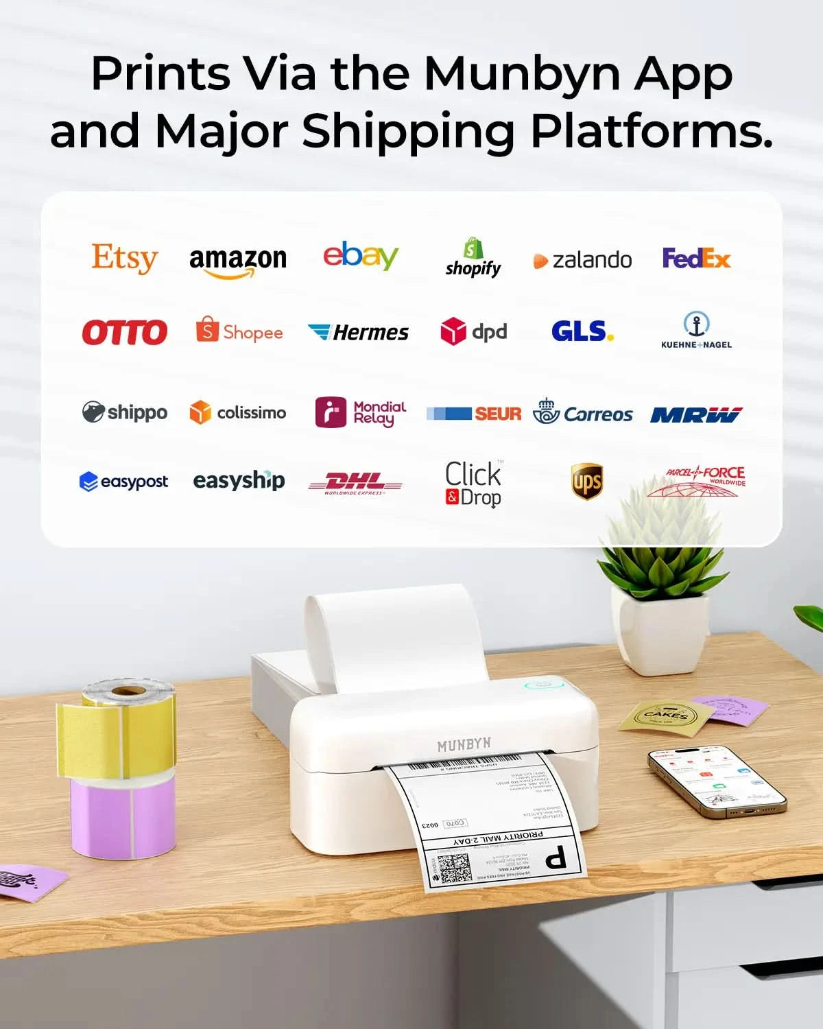 MUNBYN 402B printer supporting various shipping platforms