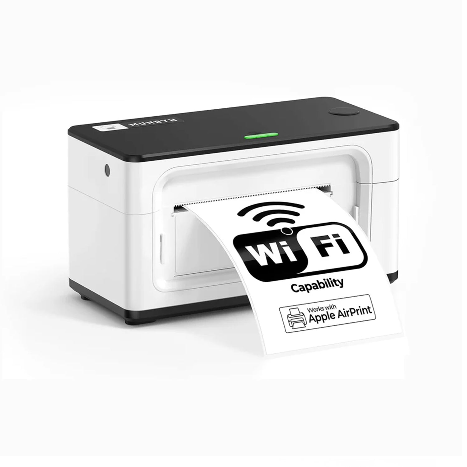 MUNBYN RealWriter 941AP thermal label printer with white finish, compact design, and paper label output.